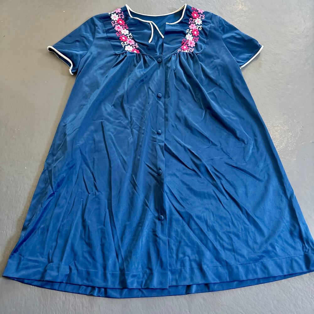 Vintage Navy Blue Embroidered Silky Night Gown with Cap Sleeves M/L